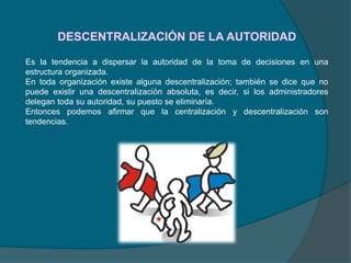 DESCENTRALIZACIÓN DE LA AUTORIDAD
Es la tendencia a dispersar la autoridad de la toma de decisiones en una
estructura organizada.
En toda organización existe alguna descentralización; también se dice que no
puede existir una descentralización absoluta, es decir, si los administradores
delegan toda su autoridad, su puesto se eliminaría.
Entonces podemos afirmar que la centralización y descentralización son
tendencias.
 