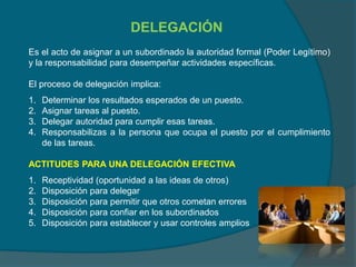 DELEGACIÓN
Es el acto de asignar a un subordinado la autoridad formal (Poder Legítimo)
y la responsabilidad para desempeñar actividades específicas.
El proceso de delegación implica:
1. Determinar los resultados esperados de un puesto.
2. Asignar tareas al puesto.
3. Delegar autoridad para cumplir esas tareas.
4. Responsabilizas a la persona que ocupa el puesto por el cumplimiento
de las tareas.
ACTITUDES PARA UNA DELEGACIÓN EFECTIVA
1. Receptividad (oportunidad a las ideas de otros)
2. Disposición para delegar
3. Disposición para permitir que otros cometan errores
4. Disposición para confiar en los subordinados
5. Disposición para establecer y usar controles amplios
 