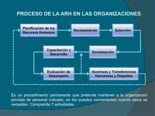 PROCESO DE LA ARH EN LAS ORGANIZACIONES
Es un procedimiento permanente que pretende mantener a la organización
provista de personal indicado, en los puestos convenientes cuando estos se
necesiten. Comprende 7 actividades:
Planificación de los
Recursos Humanos
SelecciónReclutamiento
Socialización
Evaluación de
Desempeño
Capacitación y
Desarrollo
Ascensos y Transferencias
Descensos y Despidos
 
