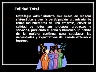 Calidad Total
Calidad Total
Estrategia Administrativa que busca de manera
sistemática y con la participación organizada de
todos los miembros de una empresa, elevar la
calidad de todos sus procesos productos y
servicios, previendo el error y haciendo un hábito
de la mejora continua para satisfacer las
necesidades y expectativas del cliente externo o
interno.
 