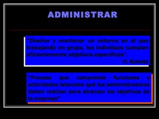 ADMINISTRAR “ Diseñar y mantener un entorno en el que trabajando en grupo, los individuos cumplan eficientemente objetivos específicos”. H. Koontz “ Proceso que comprende funciones y actividades laborales qué los administradores deben realizar para alcanzar los objetivos de la empresa” 