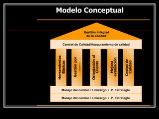 Modelo Conceptual Gestión integral de la Calidad Control de Calidad /Aseguramiento de calidad Manejo del cambio  / Liderazgo  /  P. Estrategia  Manejo del cambio  / Liderazgo  /  P. Estrategia  Herramientas  Básicas Gestión por ........ Orientación al  Cliente Mejora evaluación Costos de  Calidad 