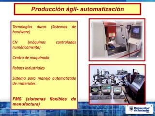 Producción ágil- automatización
Tecnologías duras (Sistemas de
hardware)
CN (máquinas controladas
numéricamente)
Centro de maquinado
Robots industriales
Sistema para manejo automatizado
de materiales
FMS (sistemas flexibles de
manufactura)
 