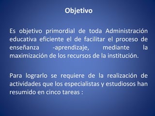 Objetivo
Es objetivo primordial de toda Administración
educativa eficiente el de facilitar el proceso de
enseñanza -aprendizaje, mediante la
maximización de los recursos de la institución.
Para lograrlo se requiere de la realización de
actividades que los especialistas y estudiosos han
resumido en cinco tareas :
 