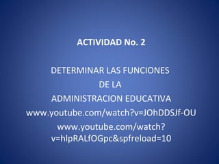 ACTIVIDAD No. 2
DETERMINAR LAS FUNCIONES
DE LA
ADMINISTRACION EDUCATIVA
www.youtube.com/watch?v=JOhDDSJf-OU
www.youtube.com/watch?
v=hlpRALfOGpc&spfreload=10
 