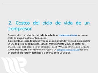 Considera los costos totales del ciclo de vida de un compresor de aire, no sólo el
costo de adquirir o alquilar la máquina.
Típicamente, el costo del ciclo de vida de un compresor de velocidad fija considera
un 7% del precio de adquisición, 11% del mantenimiento y 82% en costos de
energía. Todo esto basado en un compresor de 75kW funcionando a una carga de
8000 horas y sujeto a mantenimiento regular. Un compresor de aire VSD reducirá
en promedio la porción destinada a la energía entre un 35-50%.
2. Costos del ciclo de vida de un
compresor
 