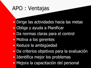 APO : Ventajas Dirige las actividades hacia las metas  Obliga y ayuda a Planificar Da normas claras para el control Motiva a los gerentes Reduce la ambigüedad Da criterios objetivos para la evaluación Identifica mejor los problemas Mejora la capacitación del personal 
