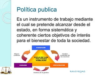 P.T. BRAVO ROJAS
Política publica
Es un instrumento de trabajo mediante
el cual se pretende alcanzar desde el
estado, en forma sistemática y
coherente ciertos objetivos de interés
para el bienestar de toda la sociedad.
 