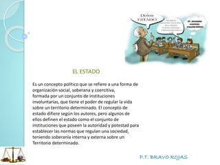 P.T. BRAVO ROJAS
EL ESTADO
Es un concepto político que se refiere a una forma de
organización social, soberana y coercitiva,
formada por un conjunto de instituciones
involuntarias, que tiene el poder de regular la vida
sobre un territorio determinado. El concepto de
estado difiere según los autores, pero algunos de
ellos definen el estado como el conjunto de
instituciones que poseen la autoridad y potestad para
establecer las normas que regulan una sociedad,
teniendo soberanía interna y externa sobre un
Territorio determinado.
 