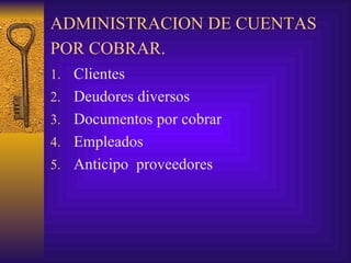 ADMINISTRACION DE CUENTAS POR COBRAR.   Clientes  Deudores diversos Documentos por cobrar Empleados Anticipo  proveedores 