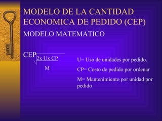 MODELO DE LA CANTIDAD ECONOMICA DE PEDIDO (CEP) MODELO MATEMATICO CEP 2x Ux CP M U= Uso de unidades por pedido. CP= Costo de pedido por ordenar M= Mantenimiento por unidad por pedido  