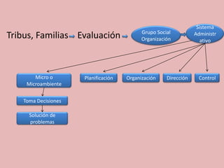 Sistema
                                           Grupo Social
Tribus, Familias Evaluación                Organización
                                                                 Administr
                                                                    ativo




       Micro o       Planificación   Organización    Dirección    Control
    Microambiente


   Toma Decisiones

     Solución de
     problemas
 