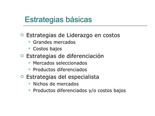 Estrategias básicas Estrategias de Liderazgo en costos Grandes mercados Costos bajos Estrategias de diferenciación Mercados seleccionados Productos diferenciados Estrategias del especialista Nichos de mercados Productos diferenciados y/o costos bajos  