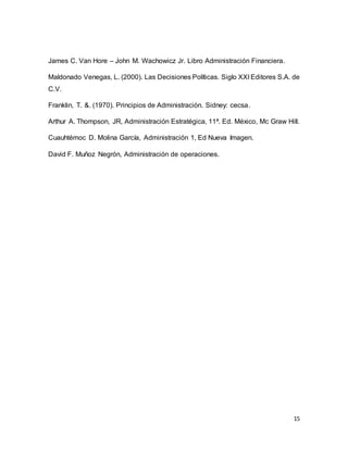 15
James C. Van Hore – John M. Wachowicz Jr. Libro Administración Financiera.
Maldonado Venegas, L. (2000). Las Decisiones Políticas. Siglo XXI Editores S.A. de
C.V.
Franklin, T. &. (1970). Principios de Administración. Sidney: cecsa.
Arthur A. Thompson, JR, Administración Estratégica, 11ª. Ed. México, Mc Graw Hill.
Cuauhtémoc D. Molina García, Administración 1, Ed Nueva Imagen.
David F. Muñoz Negrón, Administración de operaciones.
 