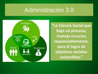Administración 3.0
“La Ciencia Social que
bajo un proceso,
maneja recursos
responsablemente,
para el logro de
objetivos sociales
sostenibles.”