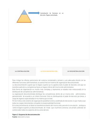 Para mitigar los efectos perniciosos del sistema centralizado y proveer a una adecuada división de las
diferentes funciones administrativas, se avanzó hacia el sistema de organización desconcentrado.
La desconcentración supone que el órgano superior ya no aglutina todo el poder de decisión, sino que se
transﬁere parte de su competencia hacia un órgano inferior del mismo ente administrativo.
Esta forma de organización es mucho más compleja, y representa un estadio más evolucionado en la
distribución de competencias administrativas.
La organización desconcentrada distribuye las competencias dentro de un mismo ente   administrativo,
generalmente  de acuerdo a un criterio funcional. Esto es, distribuyendo el poder de decisión por áreas, a
cargo de órganos especializados en la materia que se trata.
Por tal motivo, este sistema de organización posibilita la toma coordinada de decisiones, lo que implica que
todos los cargos intervinientes comparten la responsabilidad funcional.
En la desconcentración, al darse la transferencia dentro del mismo ente, persiste la vinculación   jerárquica
 entre el órgano superior y el desconcentrado,  de  modo   que  el primero conserva  una amplia  potestad  de
control sobre todos los aspectos de los actos del otro.
Figura 2. Esquema de desconcentración
Fuente: elaboración propia.
LA C E NTRALIZAC IÓN LA D E SC ONC E NTRAC IÓN LA D E SC E NTRALIZAC IÓN
 