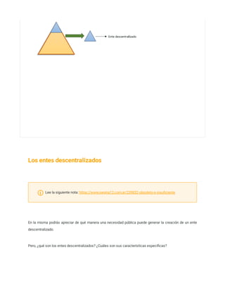 Los entes descentralizados
En la misma podrás apreciar de qué manera una necesidad pública puede generar la creación de un ente
descentralizado. 
Pero, ¿qué son los entes descentralizados? ¿Cuáles son sus características especíﬁcas? 
 Lee la siguiente nota: https://www.pagina12.com.ar/239832-obsoleto-e-insuﬁciente
 
