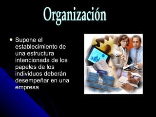 Supone el establecimiento de una estructura intencionada de los papeles de los individuos deberán desempeñar en una empresa Organización 