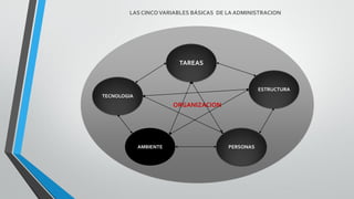 LAS CINCOVARIABLES BÁSICAS DE LA ADMINISTRACION
ORGANIZACION
TAREAS
ESTRUCTURA
TECNOLOGIA
PERSONASAMBIENTE
 