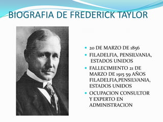 BIOGRAFIA DE FREDERICK TAYLOR
20 DE MARZO DE 1856
FILADELFIA, PENSILVANIA,
ESTADOS UNIDOS
FALLECIMIENTO 21 DE
MARZO DE 1915 59 AÑOS
FILADELFIA,PENSILVANIA,
ESTADOS UNIDOS
OCUPACION CONSULTOR
Y EXPERTO EN
ADMINISTRACION