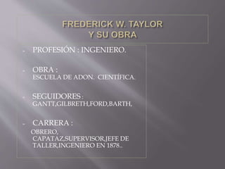 » PROFESIÓN : INGENIERO. 
» OBRA : 
ESCUELA DE ADON. CIENTÍFICA. 
» SEGUIDORES : 
GANTT,GILBRETH,FORD,BARTH, 
» CARRERA : 
OBRERO, 
CAPATAZ,SUPERVISOR,JEFE DE 
TALLER,INGENIERO EN 1878.. 
 