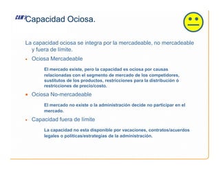 La capacidad ociosa se integra por la mercadeable, no mercadeable
y fuera de límite.
• Ociosa Mercadeable
El mercado existe, pero la capacidad es ociosa por causas
relacionadas con el segmento de mercado de los competidores,
sustitutos de los productos, restricciones para la distribución ó
restricciones de precio/costo.
Capacidad Ociosa.

restricciones de precio/costo.
• Ociosa No-mercadeable
El mercado no existe o la administración decide no participar en el
mercado.
• Capacidad fuera de límite
La capacidad no esta disponible por vacaciones, contratos/acuerdos
legales o políticas/estrategias de la administración.
 