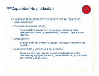 La capacidad no-productiva se integra por las siguientes
clasificaciones:
• Periodo en espera (paros)
No productiva porque hay variaciones y retrasos entre
procesos por causa de proveedores, clientes u operaciones
internas.
• Desperdicio
Capacidad No-productiva.

• Desperdicio
Se puede dar por pedacería (scrap), retrabajos o rendimiento
perdido.
• Mantenimiento y Arranques del proceso
Ocure por diversas razones como: características de los
procesos (ej. equipos, insumos), necesidades de reparaciones
preventivas y correctivas.
 