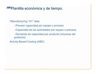 Plantilla económica y de tiempo.
“Manufacturing 101” data
−Proveer capacidad por equipo o proceso
−Capacidad de las actividades por equipo o proceso
−Demanda de capacidad por producto (insumos del
producto)
producto)
Activity-Based Costing (ABC)
 
