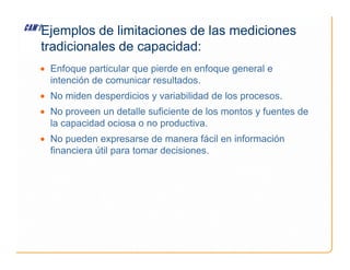 • Enfoque particular que pierde en enfoque general e
intención de comunicar resultados.
• No miden desperdicios y variabilidad de los procesos.
• No proveen un detalle suficiente de los montos y fuentes de
la capacidad ociosa o no productiva.
• No pueden expresarse de manera fácil en información
Ejemplos de limitaciones de las mediciones
tradicionales de capacidad:
• No pueden expresarse de manera fácil en información
financiera útil para tomar decisiones.
 