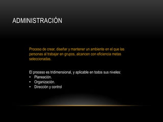 AdministraciónProceso de crear, diseñar y mantener un ambiente en el que las personas al trabajar en grupos, alcancen con eficiencia metas seleccionadas.El proceso es tridimensional, y aplicable en todos sus niveles:Planeación.