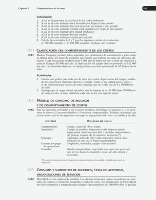 Actividades:
1. ¿Cuál es el generador de actividad de los costos indirectos?
2. ¿Cuál es el costo indirecto total incurrido por Gupta el año pasado?
3. ¿Cuál es el costo indirecto fijo total incurrido por Gupta el año pasado?
4. ¿Cuál es el costo indirecto variable total incurrido por Gupta el año pasado?
5. ¿Cuál es el costo indirecto por unidad producida?
6. ¿Cuál es el costo indirecto fijo por unidad?
7. ¿Cuál es el costo indirecto variable por unidad?
8. Calcule las actividades 5, 6 y 7 para los siguientes niveles de producción:
(a) 50 000 unidades y (b) 100 000 unidades. Explique este resultado.
CLASIFICACIÓN DEL COMPORTAMIENTO DE LOS COSTOS
Mazlow Company produce tubos especiales para aplicaciones de construcción a gran escala.
Su fábrica tiene seis líneas de expulsión por presión que forman los tubos de diferentes diá-
metros. Cada línea puede producir hasta 5 000 pies de tubos por año y tiene un supervisor a
quien se le pagan $25 000 por año. La depreciación del equipo tiene un promedio de $12 000
por año. Los materiales directos y la energía tienen un costo aproximado de $2.50 por pie de
tubo.
Actividades:
1. Elabore una gráfica para cada uno de estos tres costos: depreciación del equipo, sueldos
de los supervisores materiales directos y energía. Utilice el eje vertical para el costo y
el eje horizontal para los pies de tubo. Suponga que las ventas van de 0 a 30 000 pies
de tubo.
2. Suponga que el rango normal operativo para la empresa es de 26 000 hasta 29 000 pies
de tubo por año. ¿Cómo clasificaría cada uno de los tres tipos de costo?
MODELO DE CONSUMO DE RECURSOS
Y DE COMPORTAMIENTO DE COSTOS
Para las siguientes actividades y sus recursos asociados, identifique lo siguiente: (1) un gene-
rador de costos, (2) recursos flexibles y (3) recursos comprometidos. También, denomine cada
recurso como uno de los siguientes con respecto al generador del costo: (a) variable y (b) fijo.
Actividad Descripción del recurso
Mantenimiento Equipo, mano de obra y partes
Inspección Equipo de pruebas, inspectores (cada inspector puede
inspeccionar cinco lotes por día) y unidades inspeccionadas
(el proceso requiere de un muestreo destructivo*)
Empaque Materiales, mano de obra (cada empacador coloca cinco
unidades en una caja) y banda transportadora.
Cuentas por pagar Empleados, materiales, equipo e instalaciones
de operaciones
Ensamble Banda transportadora, supervisión (un supervisor para cada
una de tres líneas de ensamble), mano de obra directa y
materiales.
*El muestreo destructivo ocurre cuando es necesario destruir una unidad a medida que ocurre la
inspección.
CONSUMO Y SUMINISTRO DE RECURSOS, TASAS DE ACTIVIDAD,
ORGANIZACIONES DE SERVICIOS
PhotoQuik es una empresa de revelado. Los clientes envían por correo sus películas no reve-
ladas a la empresa y reciben las fotografías a vuelta de correo. Las instalaciones de PhotoQuick
han sido construidas e integradas para manejar el procesamiento de 100 000 rollos de película
Capítulo 3 Comportamiento de los costos 105
3-3
OA1
3-4
OA2
3-5
OA2
www.FreeLibros.org
 