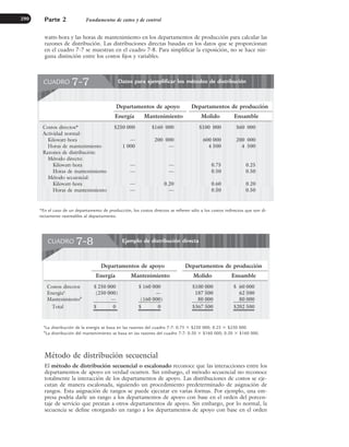watts-hora y las horas de mantenimiento en los departamentos de producción para calcular las
razones de distribución. Las distribuciones directas basadas en los datos que se proporcionan
en el cuadro 7-7 se muestran en el cuadro 7-8. Para simplificar la exposición, no se hace nin-
guna distinción entre los costos fijos y variables.
Parte 2 Fundamentos de costeo y de control
290
Datos para ejemplificar los métodos de distribución
CUADRO 7-7
Departamentos de apoyo Departamentos de producción
Energía Mantenimiento Molido Ensamble
Costos directos* $250 000 $160 000 $100 000 $60 000
Actividad normal:
Kilowatt-hora — 200 000 600 000 200 000
Horas de mantenimiento 1 000 — 4 500 4 500
Razones de distribución:
Método directo:
Kilowatt-hora — — 0.75 0.25
Horas de mantenimiento — — 0.50 0.50
Método secuencial:
Kilowatt-hora — 0.20 0.60 0.20
Horas de mantenimiento — — 0.50 0.50
*En el caso de un departamento de producción, los costos directos se refieren sólo a los costos indirectos que son di-
rectamente rastreables al departamento.
Ejemplo de distribución directa
CUADRO 7-8
Departamentos de apoyo Departamentos de producción
Energía Mantenimiento Molido Ensamble
Costos directos $ 250 000 $ 160 000 $100 000 $ 60 000
Energíaa
(250 000) — 187 500 62 500
Mantenimientob
— (160 000) 80 000 80 000
Total $ 0 $ 0 $367 500 $202 500
a
La distribución de la energía se basa en las razones del cuadro 7-7: 0.75 ⫻ $250 000; 0.25 ⫻ $250 000.
b
La distribución del mantenimiento se basa en las razones del cuadro 7-7: 0.50 ⫻ $160 000; 0.50 ⫻ $160 000.
Método de distribución secuencial
El método de distribución secuencial o escalonado reconoce que las interacciones entre los
departamentos de apoyo en verdad ocurren. Sin embargo, el método secuencial no reconoce
totalmente la interacción de los departamentos de apoyo. Las distribuciones de costos se eje-
cutan de manera escalonada, siguiendo un procedimiento predeterminado de asignación de
rangos. Esta asignación de rangos se puede ejecutar en varias formas. Por ejemplo, una em-
presa podría darle un rango a los departamentos de apoyo con base en el orden del porcen-
taje de servicio que prestan a otros departamentos de apoyo. Sin embargo, por lo normal, la
secuencia se define otorgando un rango a los departamentos de apoyo con base en el orden
www.FreeLibros.org
 