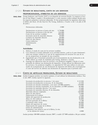 ESTADO DE RESULTADOS, COSTO DE LOS SERVICIOS
PROPORCIONADOS, ATRIBUTOS DE LOS SERVICIOS
Young Andersen, and Touche (YAT) es un despacho de servicios fiscales. La empresa se loca-
liza en San Diego y emplea a 10 profesionales y a ocho asesores; realiza trabajos fiscales para
los negocios pequeños y personas adineradas. Se han proporcionado los siguientes datos para
el último año fiscal. (El año fiscal de The Young, Andersen y Touche va del 1 de julio al 30
de junio.)
Declaraciones elaboradas 2 000
Declaraciones en proceso al inicio del año $ 78 000
Declaraciones en proceso al fin del año 134 000
Costo de los servicios vendidos 890 000
Inventario inicial de materiales directos 20 000
Compras de materiales directos 40 000
Mano de obra directa 800 000
Costos indirectos 100 000
Administración 57 000
Ventas 65 000
Actividades:
1. Elabore el estado de costo de los servicios vendidos.
2. Con referencia al estado elaborado en la actividad anterior, ¿cuál es el costo dominante?.
¿Será esto siempre verdad en el caso de las organizaciones de servicios? En caso de no
ser así, proporcione un ejemplo de una excepción.
3. Suponiendo que el honorario promedio por el procesamiento de una declaración es de
$700, elabore un estado de resultados para Young, Andersen y Touche.
4. Exponga tres diferencias entre los servicios y los productos tangibles. Calcule el costo
promedio de elaborar una declaración de impuestos. ¿Cómo afectan las diferencias entre
los servicios y los productos tangibles a la capacidad de YAT para utilizar el costo pro-
medio de la preparación de una declaración de impuestos del último año al presupuestar
el costo del servicio de elaborar una declaración de impuestos para el próximo año?
COSTO DE ARTÍCULOS PRODUCIDOS, ESTADO DE RESULTADOS
Jordan Company produce un reactivo químico, el cual utilizan los laboratorios médicos. Para
el año 2007, Jordan reportó lo siguiente:
Inventario de producción en proceso, 1 de enero $ 13 250
Inventario de producción en proceso, 31 de diciembre 13 250
Inventario de artículos terminados, 1 de enero (24 000 unidades) 170 000
Inventario de artículos terminados, 31 de diciembre (12 000 unidades) 85 000
Inventario de materiales directos, 1 de enero 15 600
Inventario de materiales directos, 31 de diciembre 14 000
Materiales directos empleados 120 000
Mano de obra directa 72 000
Depreciación de la planta 9 500
Salario del supervisor de producción 45 000
Mano de obra indirecta 36 000
Servicios generales de la fábrica 5 700
Comisiones sobre ventas 66 000
Salario del supervisor de ventas 40 000
Depreciación del equipo de la fábrica 25 000
Gastos de administración 52 000
Suministros (una mitad se usa en la fábrica, la otra
en las oficinas de ventas) 4 000
Jordan produjo 100 000 unidades durante 2007 y vendió 127 000 unidades a $6 por unidad.
65
2-20
OA3, OA4
2-21
OA3, OA4
Capítulo 2 Conceptos básicos de administración de costos
www.FreeLibros.org
 