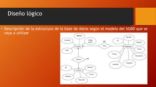 Diseño lógico
• Descripción de la estructura de la base de datos según el modelo del SGBD que se
vaya a utilizar
 