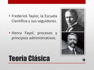 Teoría Clásica
• Frederick Taylor, la Escuela
Científica y sus seguidores.
• Henry Fayol, procesos y
principios administrativos.
10
 