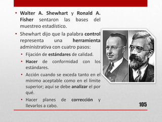 • Walter A. Shewhart y Ronald A.
Fisher sentaron las bases del
muestreo estadístico.
• Shewhart dijo que la palabra control
representa una herramienta
administrativa con cuatro pasos:
• Fijación de estándares de calidad.
• Hacer de conformidad con los
estándares.
• Acción cuando se exceda tanto en el
mínimo aceptable como en el límite
superior; aquí se debe analizar el por
qué.
• Hacer planes de corrección y
llevarlos a cabo. 105
 
