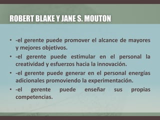 ROBERT BLAKE Y JANE S. MOUTON
• -el gerente puede promover el alcance de mayores
y mejores objetivos.
• -el gerente puede estimular en el personal la
creatividad y esfuerzos hacia la innovación.
• -el gerente puede generar en el personal energías
adicionales promoviendo la experimentación.
• -el gerente puede enseñar sus propias
competencias.
 
