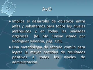 AxO
 Implica el desarrollo de objetivos entre
jefes y subalternos para todos los niveles
jerárquicos y en todas las unidades
orgánicas (M. Mc. Conkie citado por
Rodríguez Valencia, pág. 329).
 Una metodología de sentido común para
lograr la mayor cantidad de resultados
positivos a todos los niveles de
administración.
 
