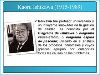 Kaoru Ishikawa (1915-1989)
 Ishikawa fue profesor universitario y
un influyente innovador de la gestión
de calidad; es conocido por el
Diagrama de Ishikawa o diagrama
causa-efecto, o diagrama espina
de pescado; utilizado en el análisis
de los procesos industriales y cuyos
gráficos agrupan por categorías
todas las causas de los problemas.
 