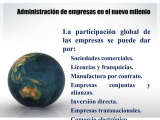 La participación global de
las empresas se puede dar
por:
Sociedades comerciales.
Licencias y franquicias.
Manufactura por contrato.
Empresas conjuntas y
alianzas.
Inversión directa.
Empresas transnacionales.
Administración de empresas en el nuevo milenio
 