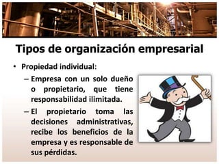 Tipos de organización empresarial
• Propiedad individual:
– Empresa con un solo dueño
o propietario, que tiene
responsabilidad ilimitada.
– El propietario toma las
decisiones administrativas,
recibe los beneficios de la
empresa y es responsable de
sus pérdidas.
 
