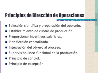 Principios de Dirección de Operaciones
Selección científica y preparación del operario.
Establecimiento de cuotas de producción.
Proporcionar incentivos salariales.
Planificación centralizada.
Integración del obrero al proceso.
Supervisión lineo-funcional de la producción.
Principio de control.
Principio de excepción.
 