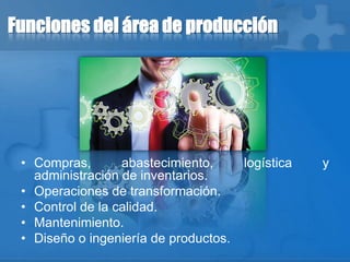 Funciones del área de producción
• Compras, abastecimiento, logística y
administración de inventarios.
• Operaciones de transformación.
• Control de la calidad.
• Mantenimiento.
• Diseño o ingeniería de productos.
 