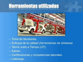 Herramientas utilizadas
– Toma de decisiones.
– Enfoque de la calidad (herramientas de Ishikawa).
– Teoría Justo a Tiempo (JIT).
– Kaizen.
– Certificaciones y competencias laborales.
– Liderazgo.
 