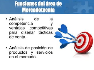 Funciones del área de
Mercadotecnia
• Análisis de la
competencia y
ventajas competitivas
para diseñar tácticas
de venta.
• Análisis de posición de
productos y servicios
en el mercado.
 