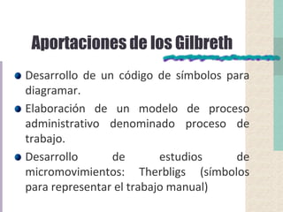Aportaciones de los Gilbreth
Desarrollo de un código de símbolos para
diagramar.
Elaboración de un modelo de proceso
administrativo denominado proceso de
trabajo.
Desarrollo de estudios de
micromovimientos: Therbligs (símbolos
para representar el trabajo manual)
 