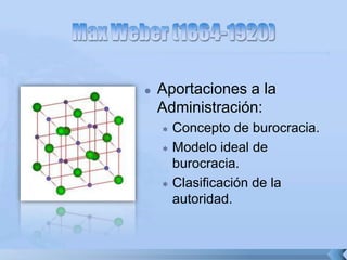  Aportaciones a la
Administración:
 Concepto de burocracia.
 Modelo ideal de
burocracia.
 Clasificación de la
autoridad.
 