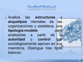  Analiza las estructuras y
arquetipos mentales de las
organizaciones y establece, una
tipología-modelo para
analizarlas a partir de la
autoridad y control que
sociológicamente ejercen en sus
miembros. Distingue tres tipos
básicos:
 
