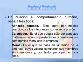  En relación al comportamiento humano,
señala tres tipos:
 Alineado forzoso.- Éste logra por medios
coercitivos a los integrantes, como en la prisión.
 Calculador.- Es el que trabaja sólo por aspectos
materiales: salarios, prestaciones y beneficios sin
compromiso moral con la empresa.
 Moral.- Es el que se basa en la misión de la
empresa, cuyos valores comparten sus miembros
sin coerciones y, por tanto, participan en sus
fines.
 