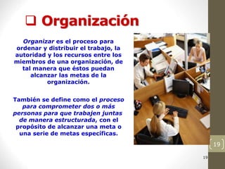 19
 Organización
19
19
19
19
19
19
19
Organizar es el proceso para
ordenar y distribuir el trabajo, la
autoridad y los recursos entre los
miembros de una organización, de
tal manera que éstos puedan
alcanzar las metas de la
organización.
También se define como el proceso
para comprometer dos o más
personas para que trabajen juntas
de manera estructurada, con el
propósito de alcanzar una meta o
una serie de metas específicas.
 